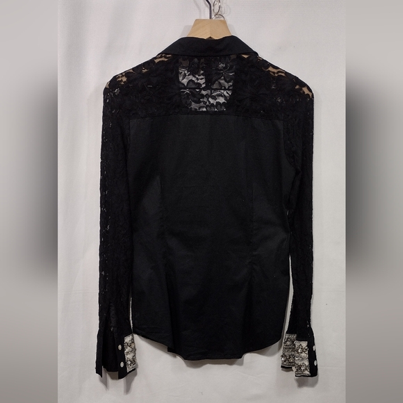 BKE Lace Floral Embellished Button Shirt Womens S Black Silver Boho Retro 90s - Picture 5 of 7